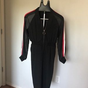 Day G Black Sport Track Stripe Sheer Long Sleeve Zip Dress Sz M